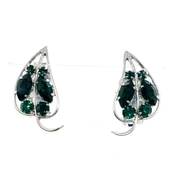 Vintage Earrings Leaf With Emerald Green Rhinestones Clip On Silver Toned - Picture 1 of 10